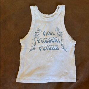 RVCA White Ribbed Tank Top with Blue 'Past Present Future' Graphic